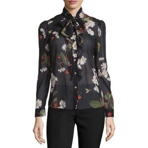 RED Valentino Sheer Cherry Print Bow Neck Blouse